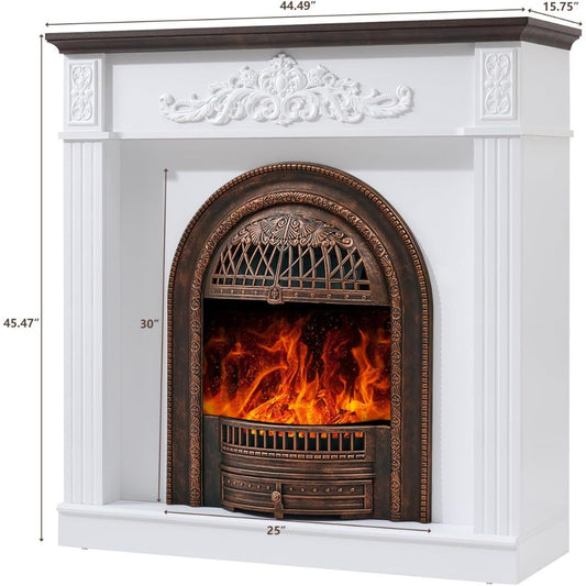 White electric fireplace insert with a dark bronze arched metal front, glowing orange flames, and dimension labels showing 44.49 inches width, 15.