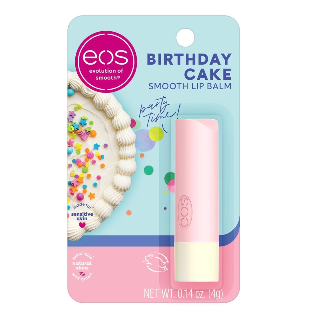 EOS birthday cake smooth lip balm in pink packaging with cake and sprinkle design