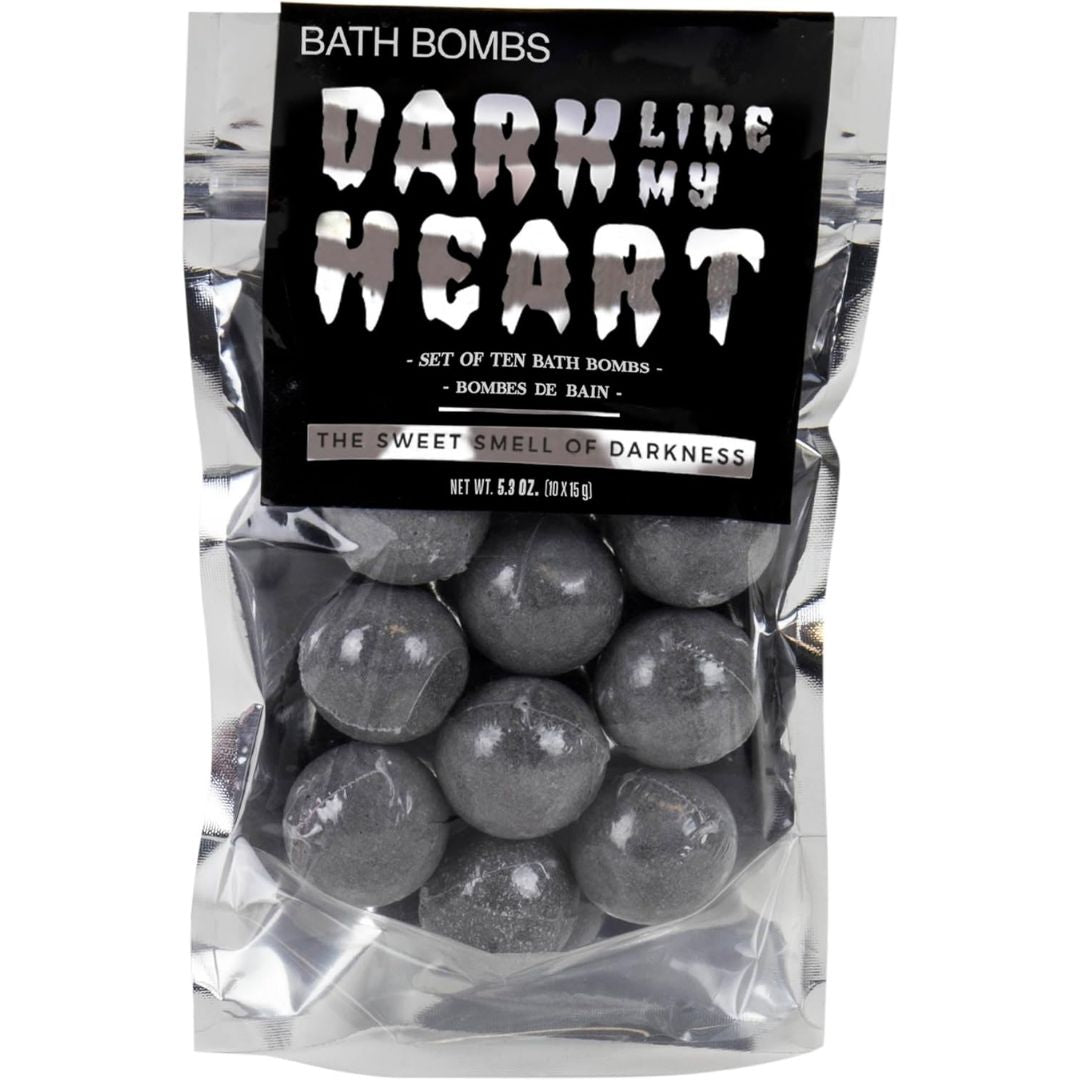 Bath bombs in a clear bag with a black label reading 'Dark Like My Heart' on a white background.