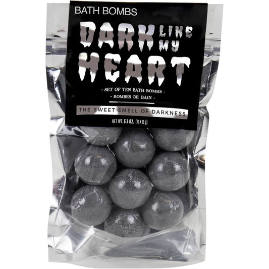 Bath bombs in a clear bag with a black label reading 'Dark Like My Heart' on a white background.