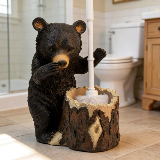Bear-shaped brush holder with a toilet brush in a bathroom setting