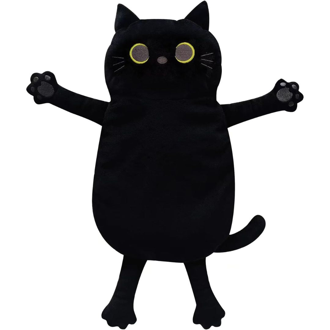 Black cat plush heating pad with yellow eyes on a white background