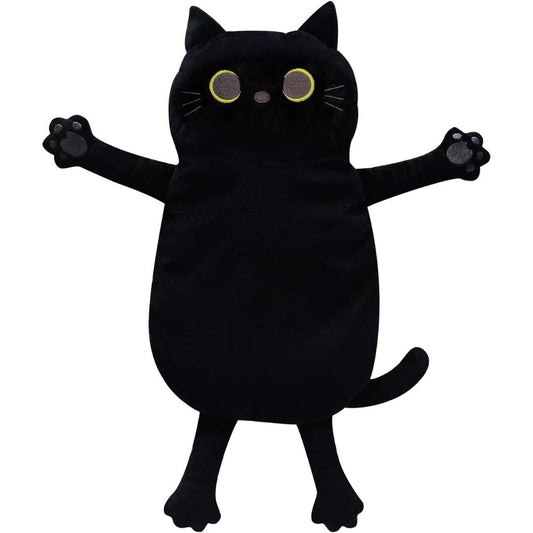 Black cat plush heating pad with yellow eyes on a white background