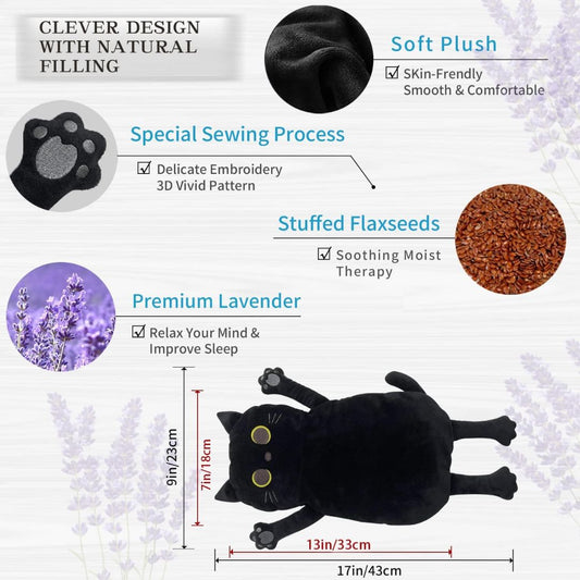 Black cat-shaped heating pad with lavender, flaxseeds, and plush material features on a white background