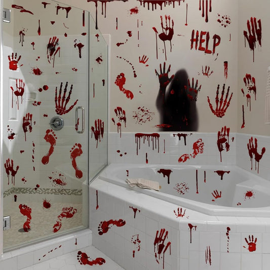 A bathroom scene covered in red blood-splatter handprints, footprints, drips, and claw marks, with a dark shadowy figure reflected in a mirror. A glass shower door and a white corner bathtub are visible.