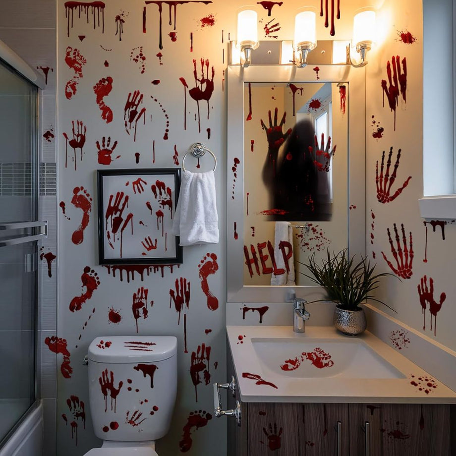 Halloween bloody handprint and footprint window stickers creating a horror-themed bathroom scene