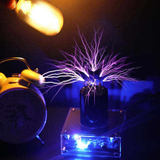 ZENT Bluetooth music Tesla coil producing purple electrical arcs beside a glowing light bulb and alarm clock
