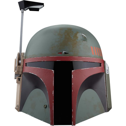 A Boba Fett Star Wars style sci-fi helmet prop with a distressed olive green finish, red trim, dark visor opening, and a mounted black spotlight on a pole, shown on a plain white background.