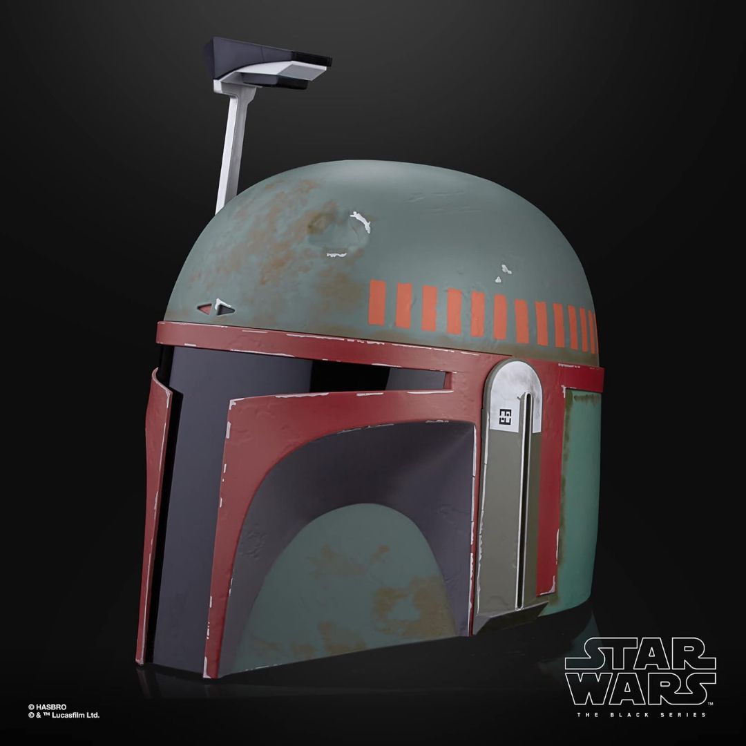 A detailed Boba Fett helmet from Star Wars: The Clone Wars, featuring a weathered teal-green finish with rust-like distressing, red trim, and a black visor, set against a dark studio background.