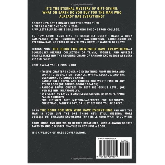 Back cover of a book with text about a collection of trivia, stories, and quizzes for men who have everything.