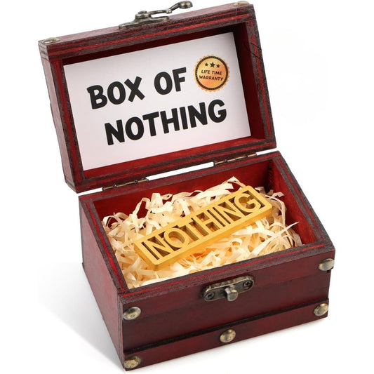 Wooden box labeled 'Box of Nothing' with a small wooden sign inside that says 'nothing'.