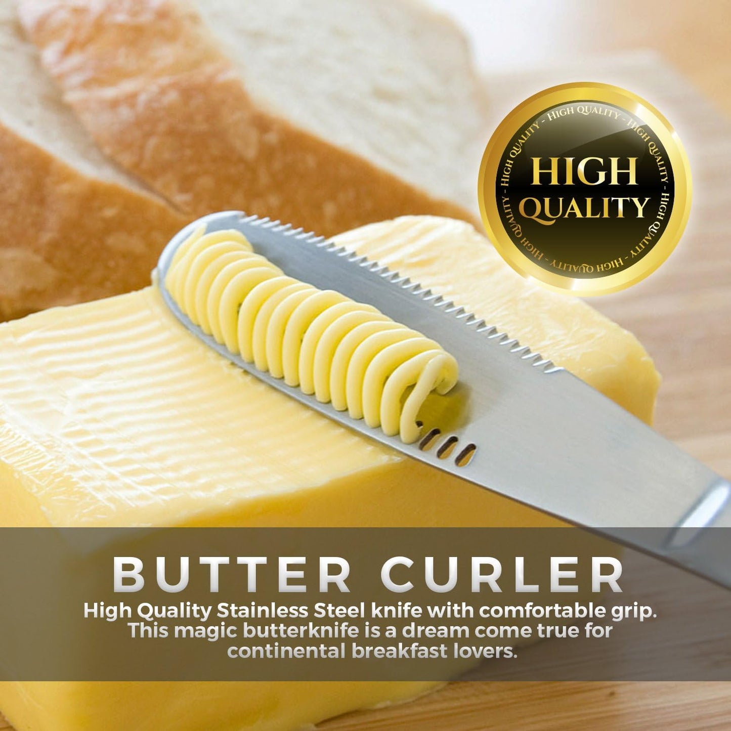 A butter curler knife is curling the top layer of some butter.