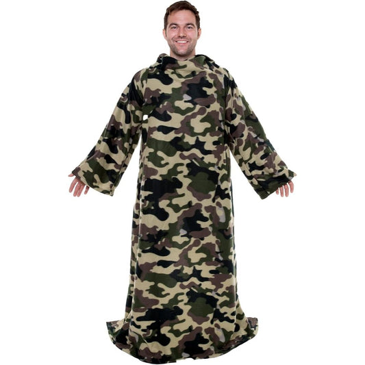 A man wearing a long camouflage fleece wearable blanket with a hood and wide sleeves, shown against a plain white background.