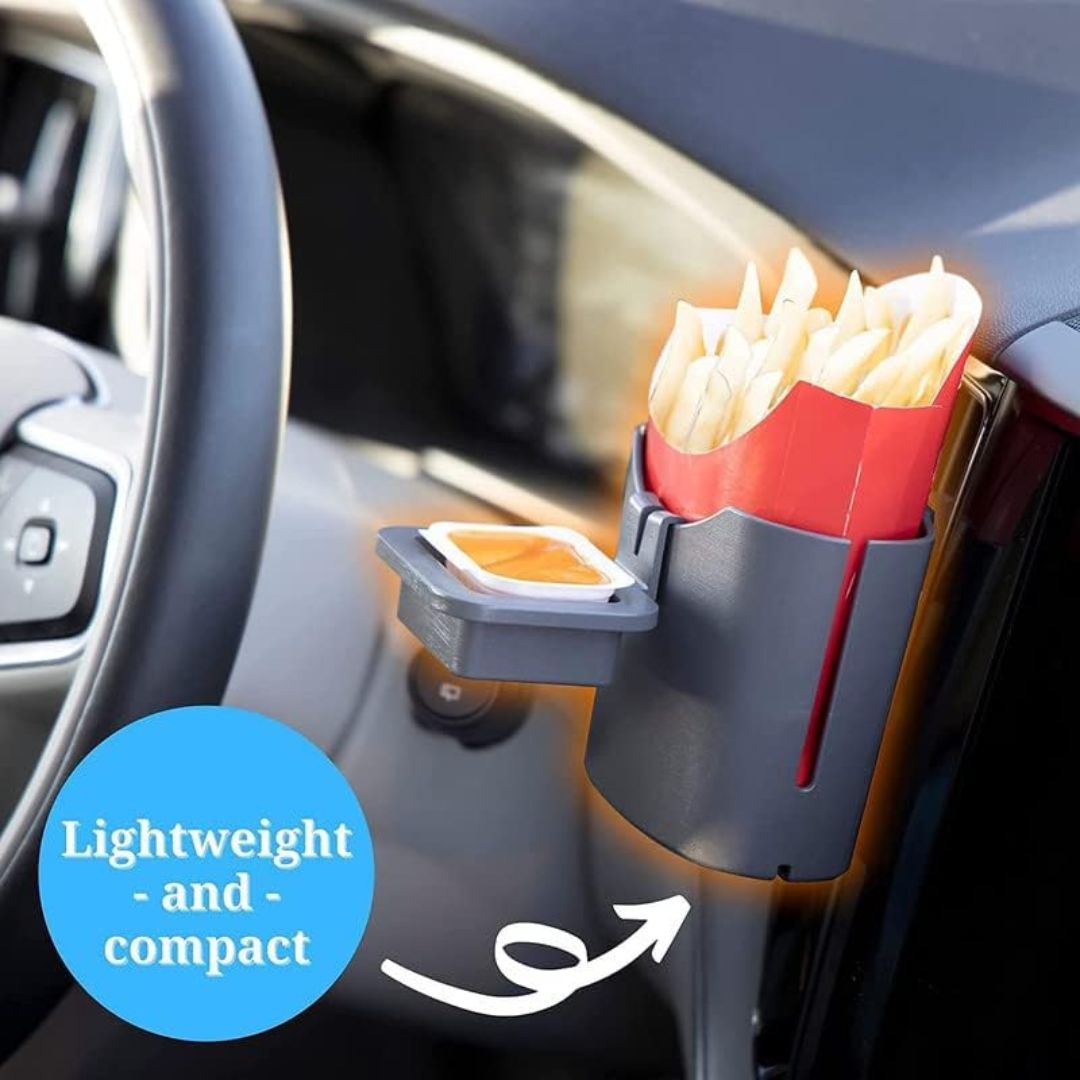 A car door pocket organizer holding a red french fry container and a small dipping sauce cup, shown installed on a car door with a steering wheel visible. A blue circular badge reads 'Lightweight and compact' with a white arrow.