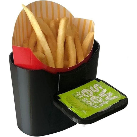 A black plastic fast-food fry holder containing french fries in a striped paper container, with a small attached pouch of sauce. The product is shown on a plain white background.