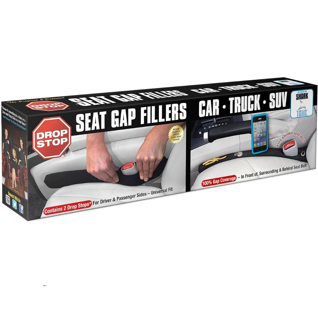 A two-pack box of car seat gap fillers on a white background