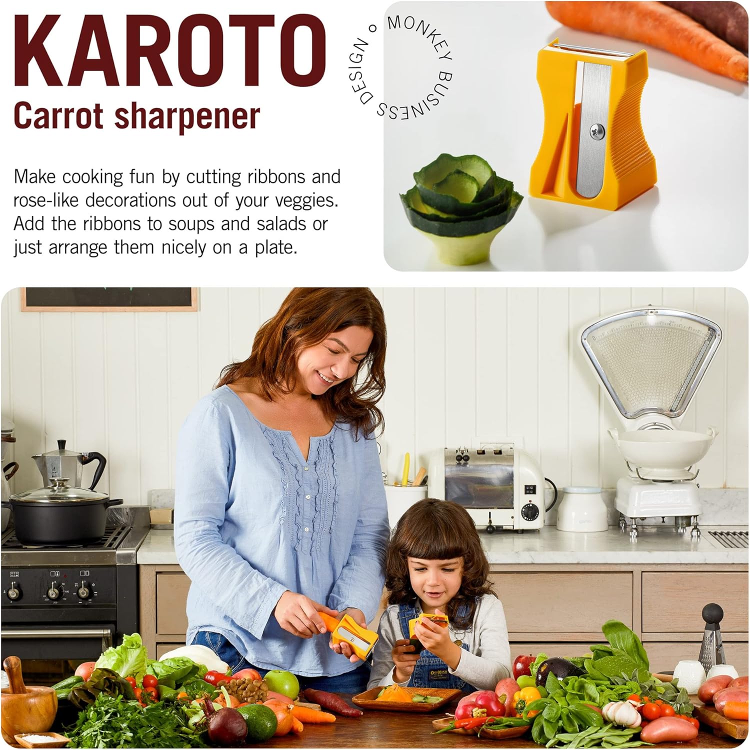 Karoto carrot sharpener shown with vegetable ribbon rose; below, a woman and child use it together in a kitchen surrounded by fresh produce.