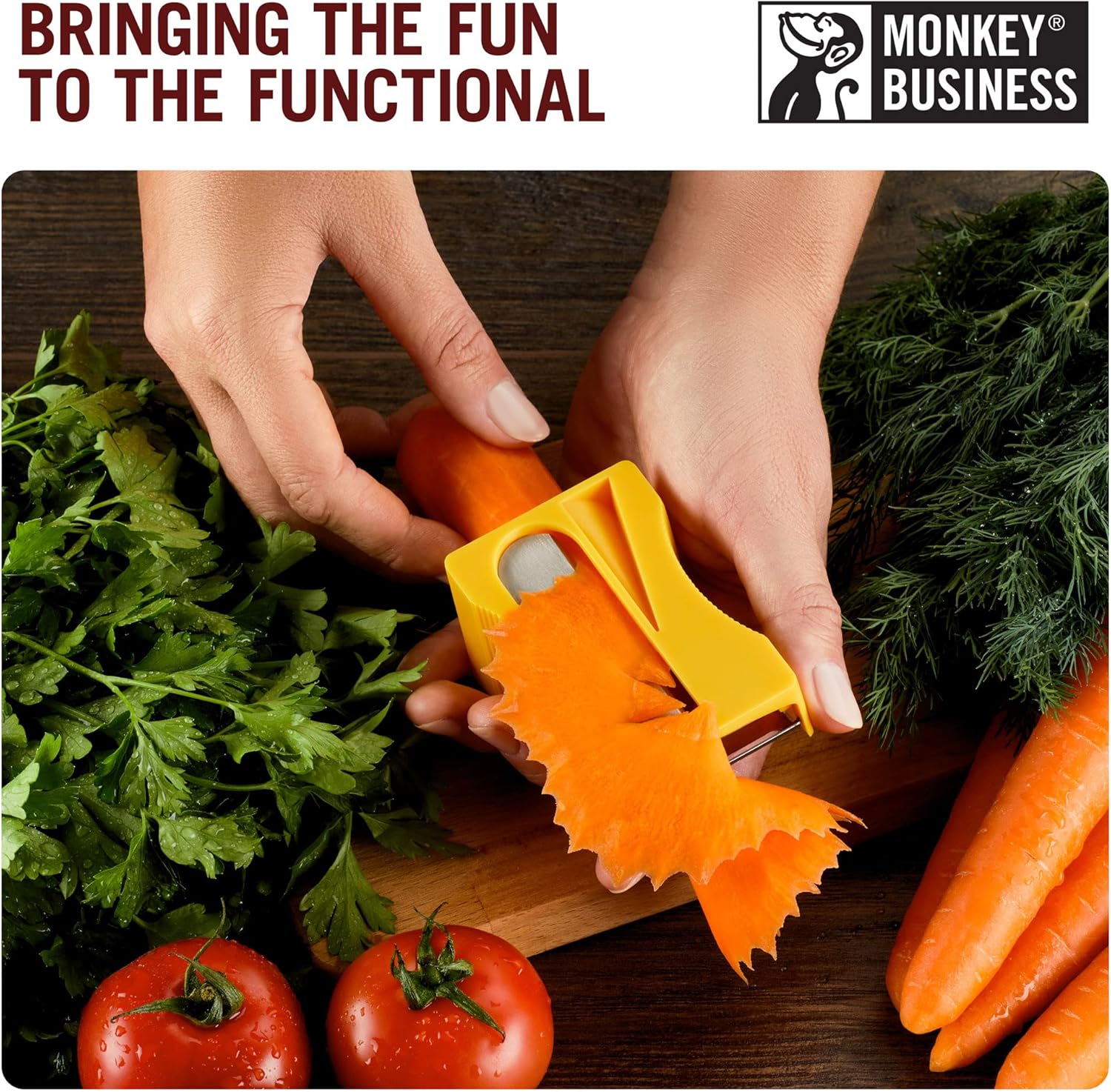 Hands using a yellow carrot sharpener to create decorative carrot ribbons, surrounded by fresh parsley, tomatoes, dill, and whole carrots.