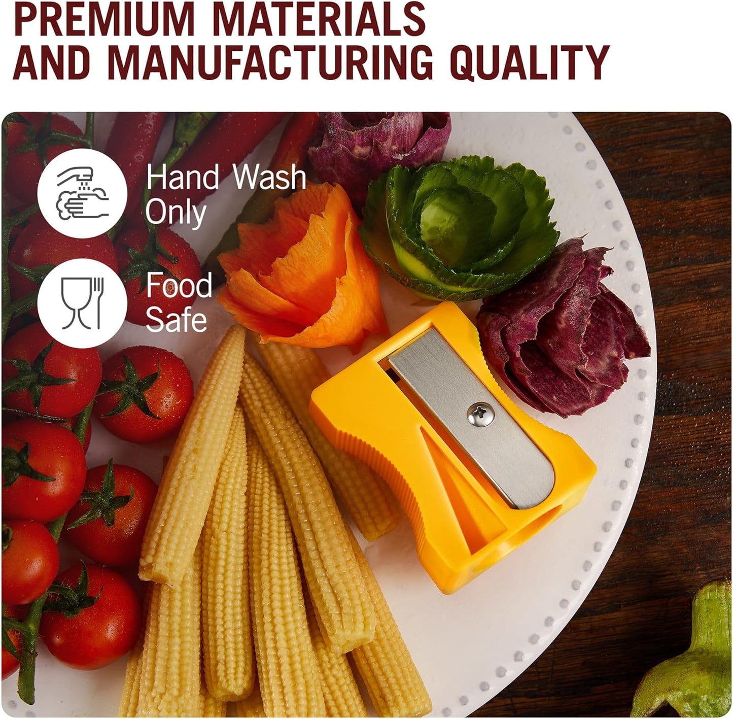 Yellow carrot sharpener on a plate with baby corn, cherry tomatoes, and vegetable flower garnishes, labeled as food safe and hand wash only.