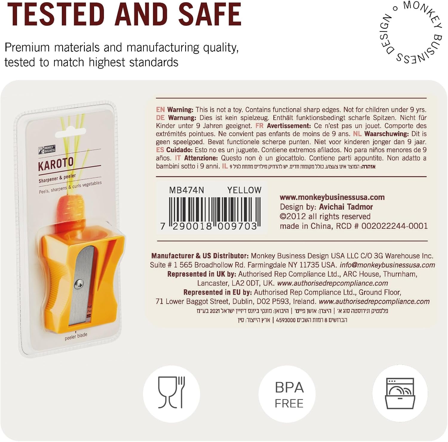 Back of the Karoto sharpener packaging showing safety warnings, barcode, distributor info, and BPA-free and food-safe symbols.