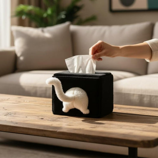 Hand reaching for a tissue from a black tissue box with a white cat design on a wooden table.