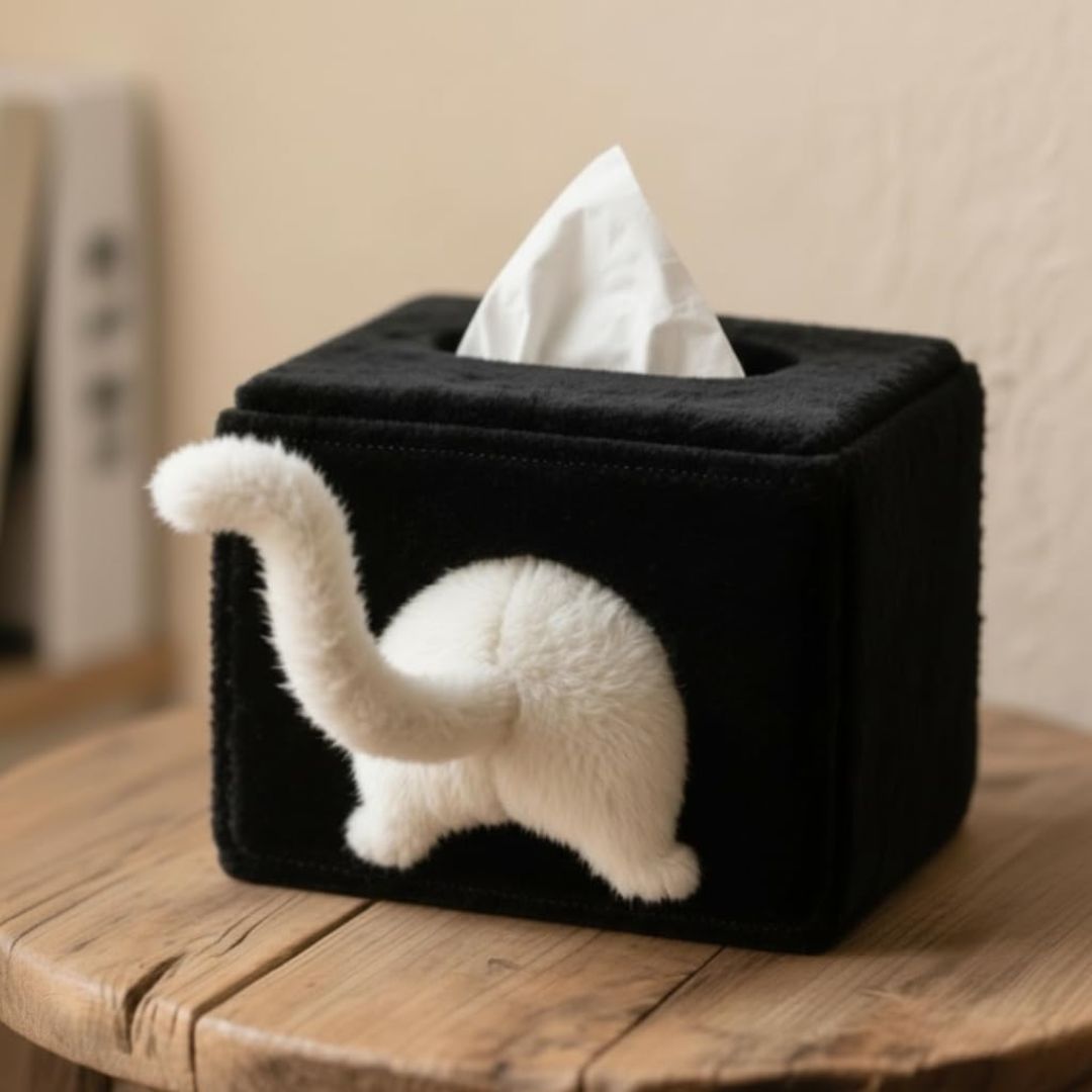 Black plush cat butt tissue box holder on a wooden table
