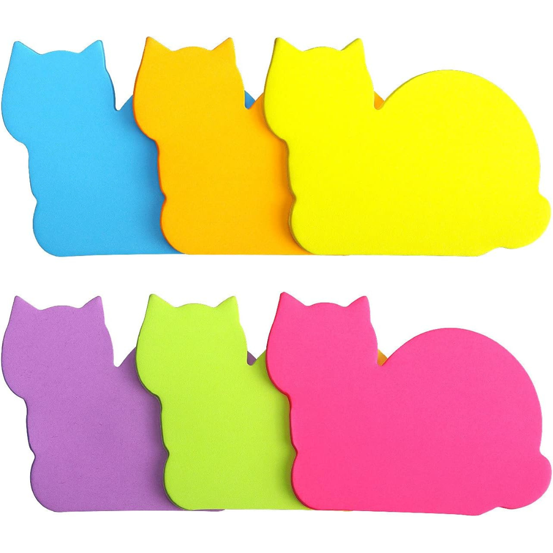 Cat shaped post-it sticky notes in various colors.