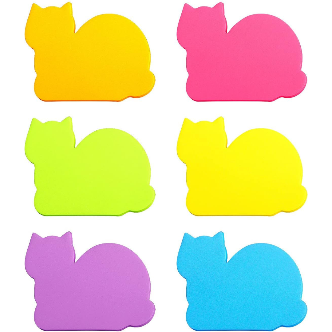 Cat shaped post-it sticky notes in various colors.