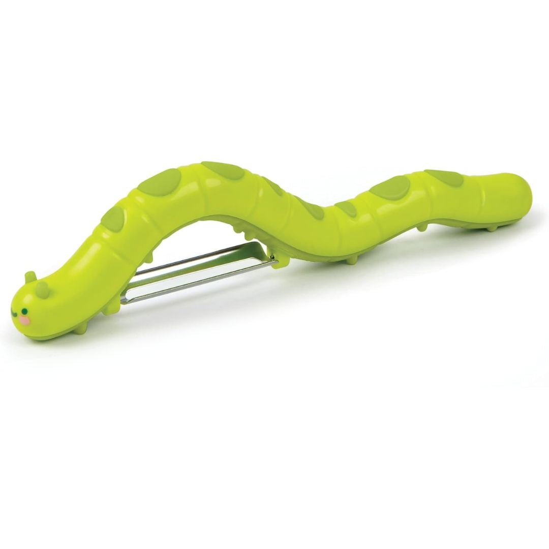 A bright lime green caterpillar-shaped vegetable peeler with a metal blade, shown on a clean white background.