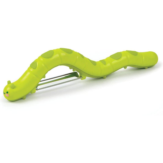 A bright lime green caterpillar-shaped vegetable peeler with a metal blade, shown on a clean white background.