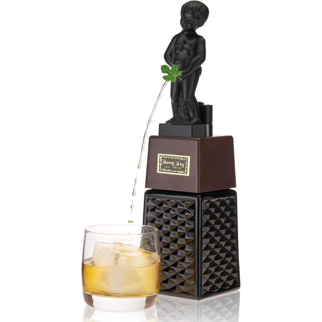 Novelty boy statue liquor dispenser pouring whiskey into a glass from a decorative black bottle