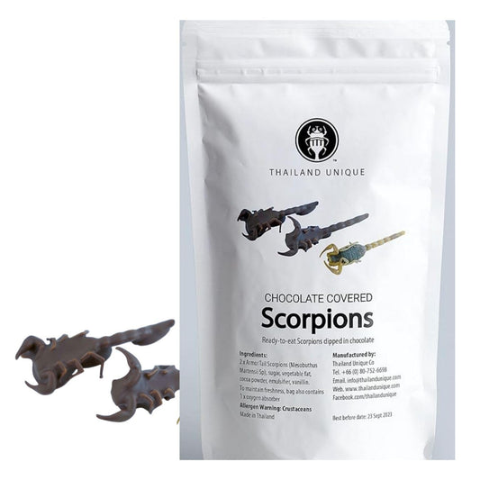 Packaging of chocolate-covered scorpions with Thailand Unique branding on a white background