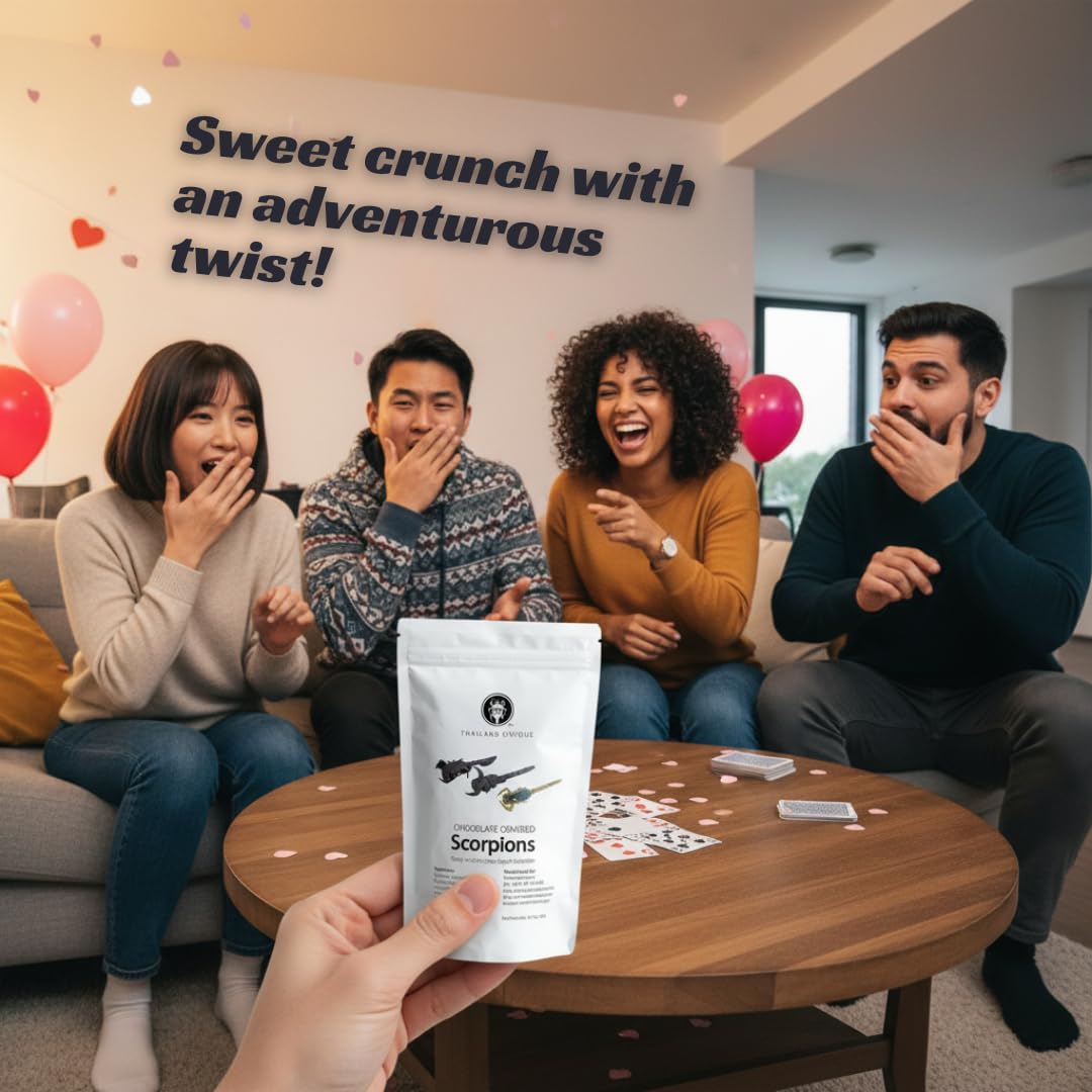 Four friends sitting on a couch with a 'Scorpions' coffee package in the foreground.