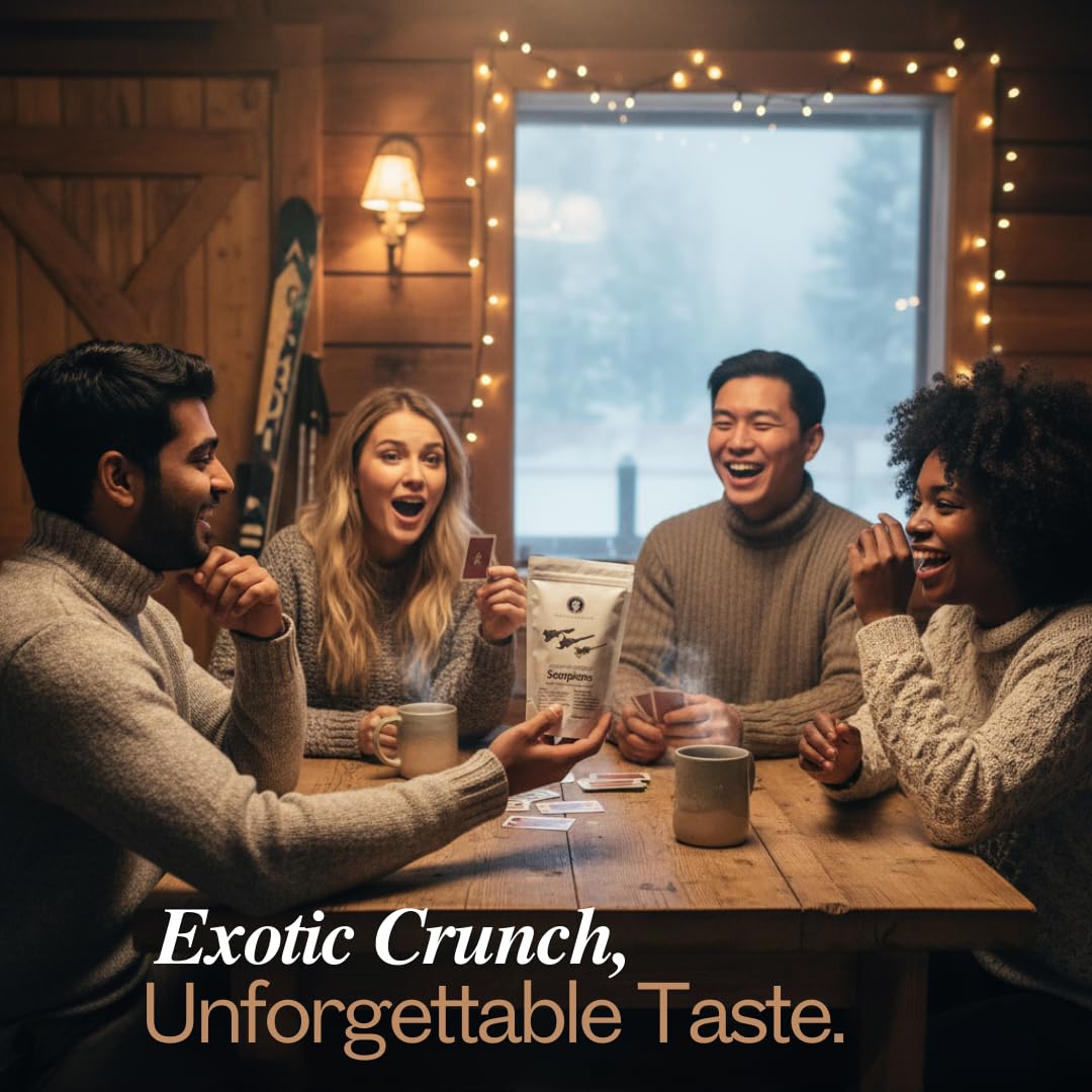 Four friends laughing and enjoying drinks around a wooden table with festive lights and a snowy window in the background.