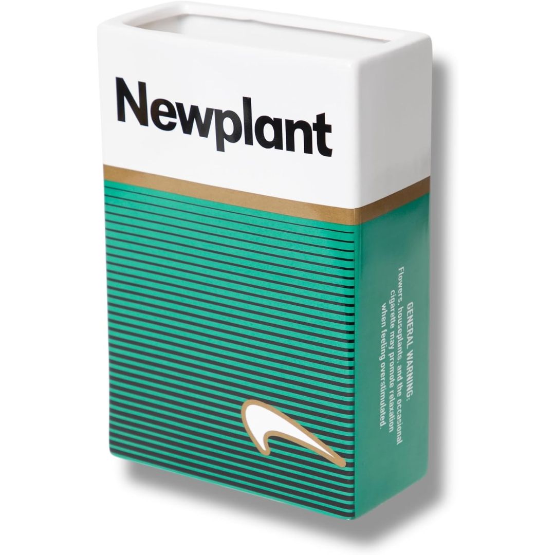 Ceramic flower vase designed to look like a retro cigarette pack with green striped graphics