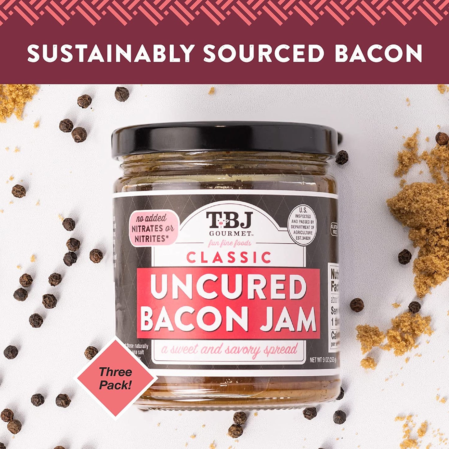 A jar of classic bacon jam with peppercorns scattered around it. A headline reads, 'Sustainably sourced bacon.'