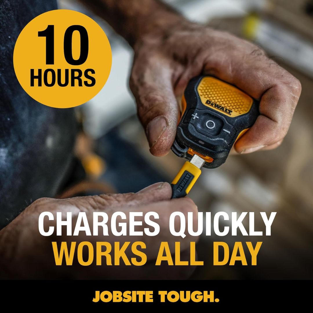 DeWalt clip-on Bluetooth jobsite speaker charging by USB with up to 10 hours runtime