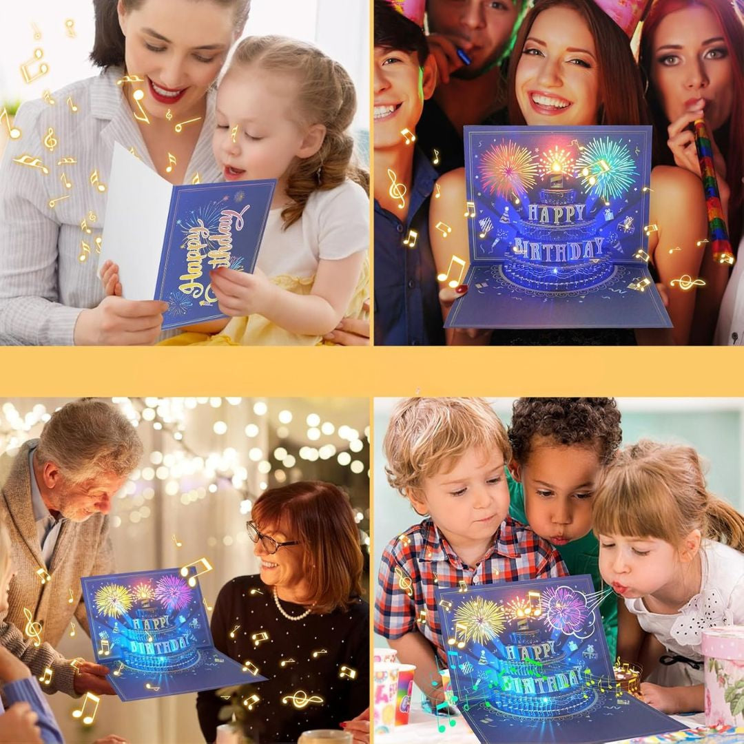 Collage of people with a glowing birthday card, celebrating a birthday with sparkles and lights.