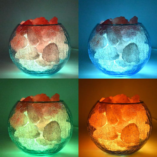Himalayan salt lamp with red Himalayan salt emitting different colored lights