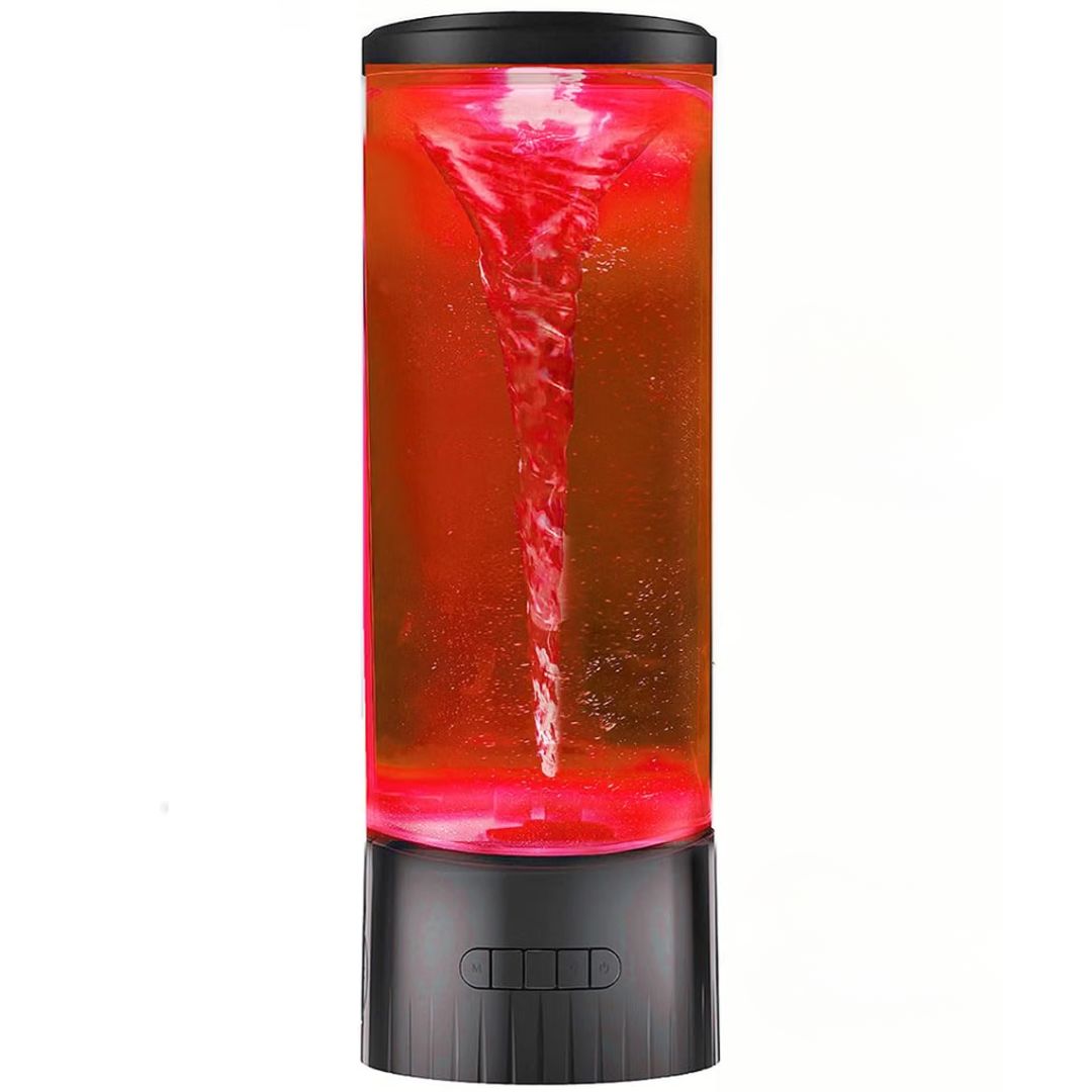 A cylindrical lava lamp-style lamp with a black base and lid, filled with glowing red liquid and a swirling vortex effect, shown on a plain white background.