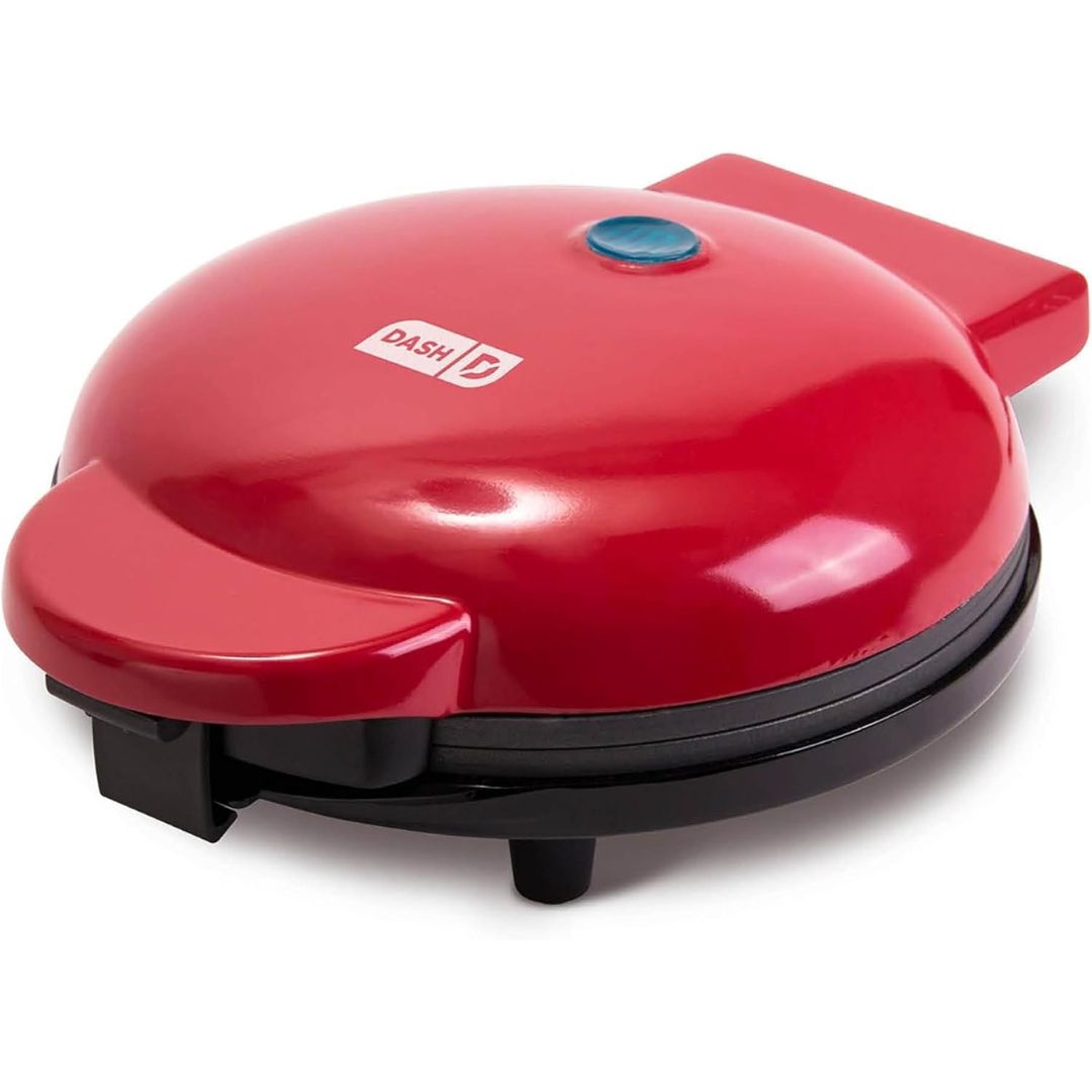 Compact red 8-inch electric griddle with nonstick cooking plates and indicator light