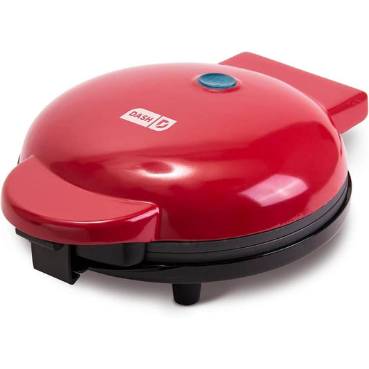 Compact red 8-inch electric griddle with nonstick cooking plates and indicator light