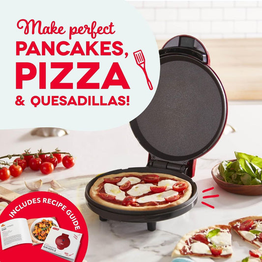 Red electric griddle open with pizza inside, suitable for pancakes, pizza and quesadillas