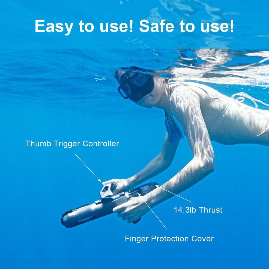 A person using a compact underwater scooter while under water with informative text