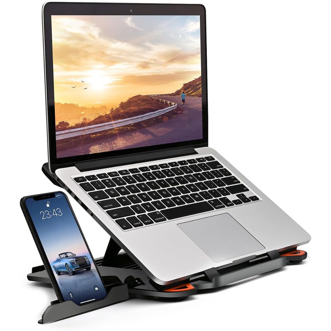Adjustable laptop stand with integrated smartphone holder on a desk
