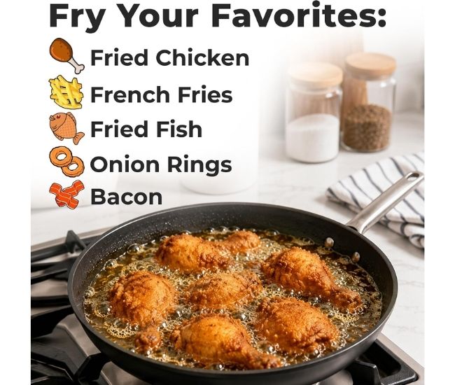 A frying pan showing fried chicken being cooked with text saying, 'fry your favorites, fried chicken, french fries, fried fish, onion rings, bacon'