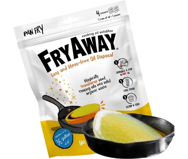 A packet of Fry Away cooking oil solidifier powder next to a frying pan with solidified oil.