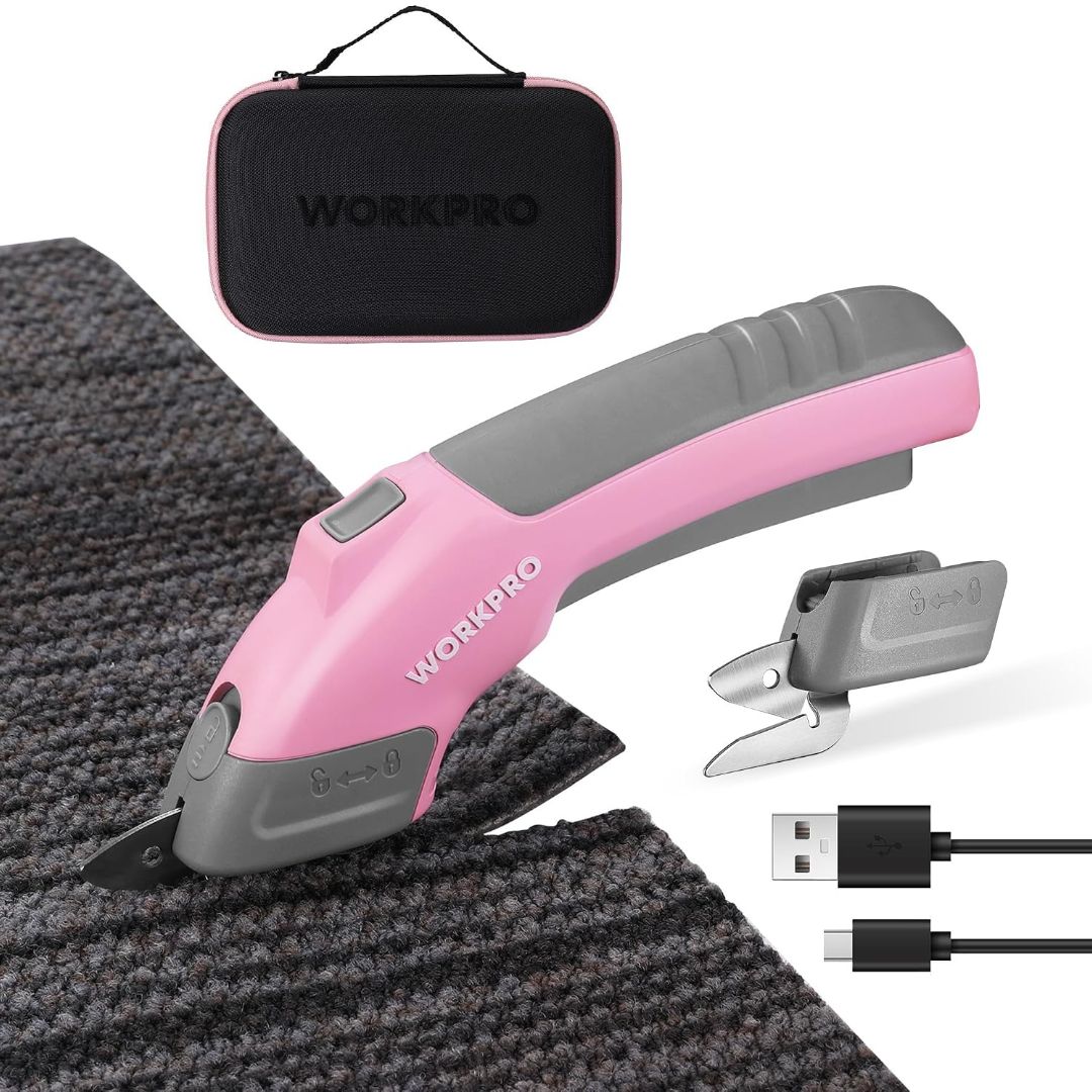 WORKPRO cordless electric scissors cutting thick gray carpet, shown with two interchangeable blades, carrying case and USB charging cable