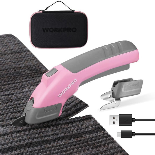 WORKPRO cordless electric scissors cutting thick gray carpet, shown with two interchangeable blades, carrying case and USB charging cable