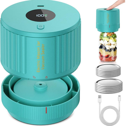 A portable electric vacuum-sealing device in mint green, shown disassembled with its lid, jar, lids, charging cable, and a hand pressing the top button. The main unit features a digital display showing '100%'.